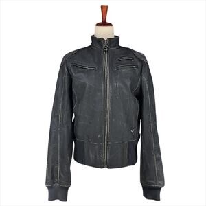 PUMA Geniuine Leather Y2K Archival Distressed Black Moto Bomber Jacket Size XL